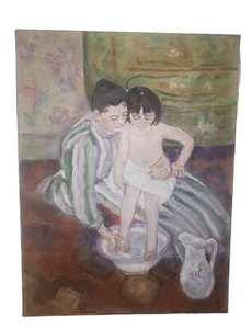 Oil On Canvas Painting "The Child's Bath" After Mary Cassatt By Patricia Morone - Picture 1 of 8