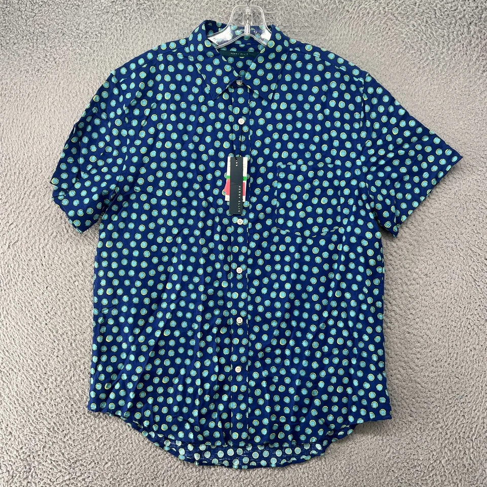 Vintage Perry Ellis Shirt Mens Large Blue Button Up Linen Cotton Polka Dot NWT - Image 1 of 4