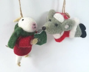 Needle Felt Christmas Mice Plush Ornament Lot Of 2 Adorable Wool Felted New - Picture 1 of 11