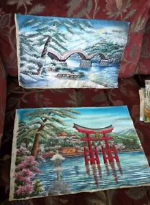 2 imágenes bordadas de bunka japonesas de colección de la Segunda Guerra Mundial escenas de pueblo nocturno y diurno - Imagen 1 de 5
