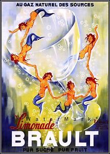 Brault Limonade 1938 Mermaids Dancing French Vintage Poster Print Retro Art