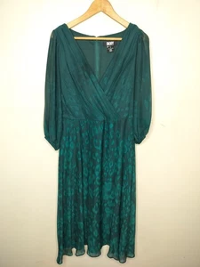 Abito midi DKNY finto avvolgente 12 donna verde smeraldo fantasia chiffon manica 3/4 - Foto 1 di 10