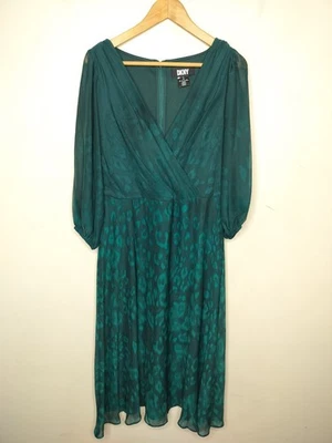 DKNY Faux Wrap Midi Dress 12 Women's Emerald Green Pattern Chiffon 3/4 Sleeve - Image 1 of 4