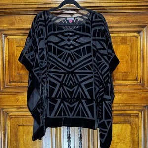 Vince Camuto Poncho Top Womens S Black Burnout Velvet Geometric Sheer Boho Artsy - Picture 1 of 8