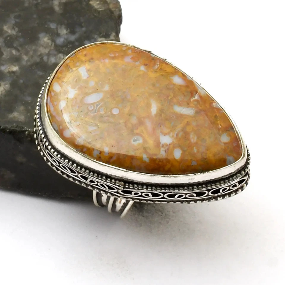 Anillo de piedras preciosas de ágata raíz de ciruela diseño antiguo étnico joyería EE. UU. talla 7,5 AR 42572 Foto 1 de 1