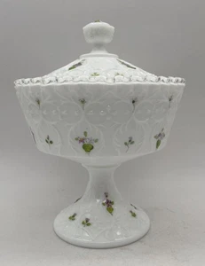 Fenton Milk Glass Silvercrest Footed Violets in the Snow Handpainted Singed Lidd - Picture 1 of 5