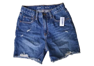 JEAN SHORTS Girl Old Navy Size 12 High Rise Slouchy Straight Distressed Blue Rip - Picture 1 of 4