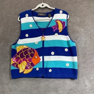 Vintage Belle Pointe Sweater Womens Extra Larg Vest Artsy Whimsical Fish Bubbles - Picture 1 of 18
