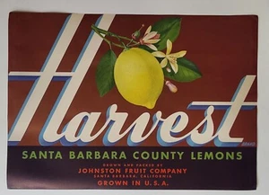 ADVERTISING Label California Lemons Santa Barbara Harvest Johnston Fruit - Picture 1 of 1