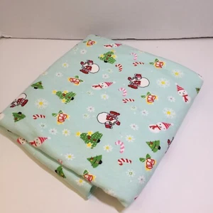 1 & 7/8 Yards Blue w Snowmen Christmas Trees Knit Fabric 60" wide Cotton - Picture 1 of 5