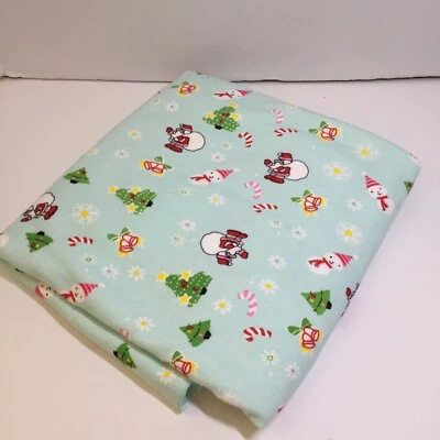 1 & 7/8 Yards Blue w Snowmen Christmas Trees Knit Fabric 60" wide Cotton - Image 1 of 4