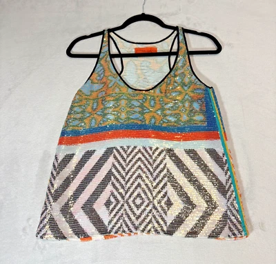 Camiseta sin mangas Clover Canyon XS lentejuelas espalda cruzada boho estampado geométrico colorido Foto 1 de 4