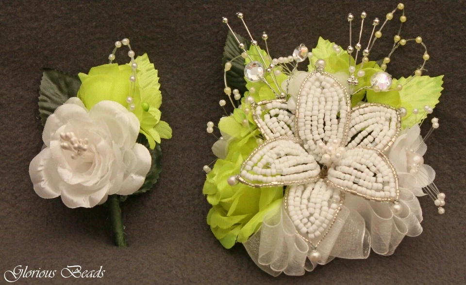 Corsage Lime Green Rhinestone Wedding Prom BEADED LILY or 2 pc with Boutonniere - Image 1 of 1