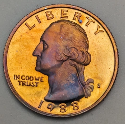 1988 S Gem Proof Washington Quarter Uniquely Rainbow Toned Cover