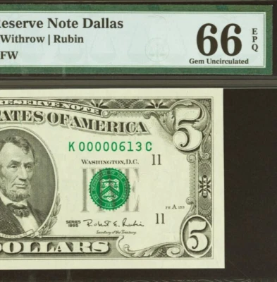1995 $5 Federal Reserve Note PMG 66EPQ Gem Dallas Low Serial Number 00000613 - Image 1 of 3