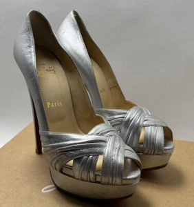 Christian Louboutin Metallic Silver Twist Platform Heels Pump Shoes Size 7.5 - Picture 1 of 12