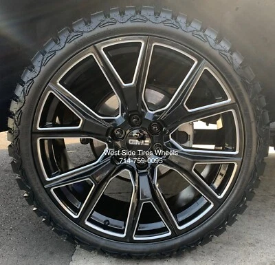 24" GMC SIERRA YUKON Y SPOKE BLACK MILLED WHEELS TAHOE SILVERADO 33” RT tire - Image 1 of 3