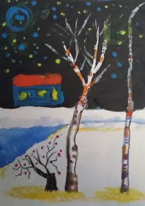 ACEO Original - Winter House Night - Watercolor 2.5 x 3.5 Signed - Picture 1 of 3