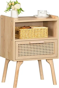 Rattan Nightstand, Boho Side Table with Drawer Open Shelf, Cane Accent Bedside E - Picture 1 of 8