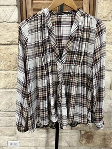 Hazel Anthropologie Roll Tab Sleeve Button Front Lace Back Blouse Plaid Size S - Picture 1 of 9