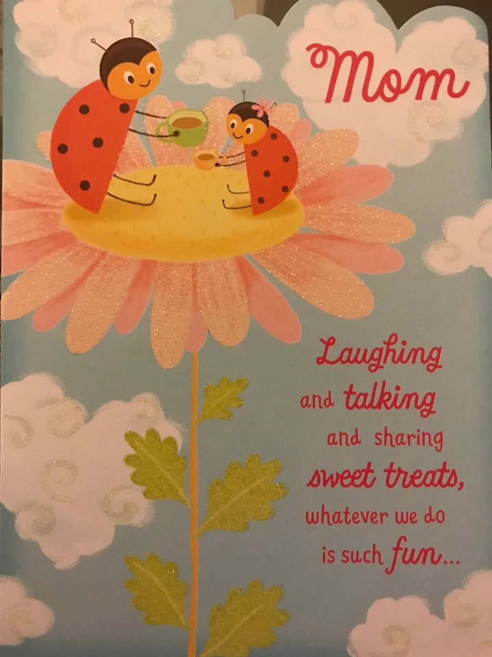 Mom, Mothers Day Card, From Child, Lady Bugs, Glitter Flower, Greeting Card - Image 1 of 3