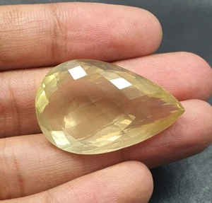 64.65 Ct Natural Lemon Quartz AAA Pear Checker Cut Loose Gemstone 36x22.9 MM - Picture 1 of 10