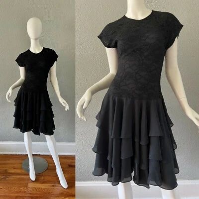 Vintage 80s Black Lace Tiered Ruffle Chiffon Drop Waist Formal Prom Dress XS - Image 1 of 4