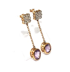 Ladies 9ct yellow gold drop earrings set with an amethyst and diamonds - Picture 1 of 8