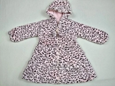 American Widgeon Girls Leopard Print Faux Fur Coat Size 5 With Hood Pom poms - Image 1 of 4