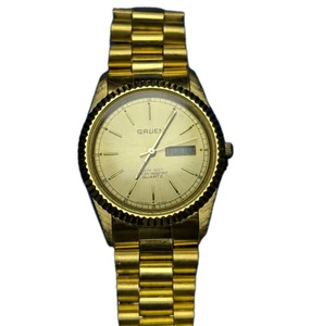 vintage Gruen 257-2105 Men's Gold-Tone Quartz Watch Fold-Over Clasp works - Picture 1 of 14