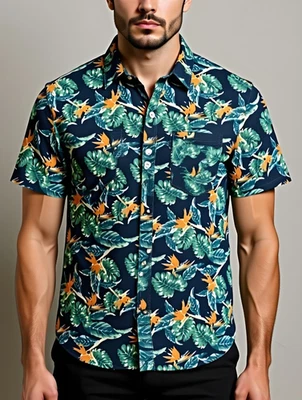 International Report, XXL 4-Way Stretch, Blue Floral Short Sleeve Button Shirt - Image 1 of 4