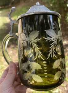Antique Olive Green Czech Bohemian Cut Glass Beer Stein Tankard - Picture 1 of 23