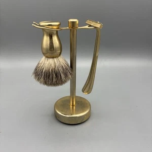 Rasoio manuale e supporto spazzola Suds in ottone tono oro vintage - Foto 1 di 8
