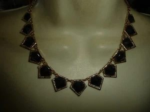 GOLD TONE BEZEL GRADUATED BLACK DANGLE STONE ON CHAIN BIB NECKLACE #7/2 - Picture 1 of 5