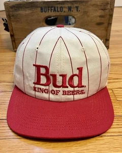 Vintage 90s Budweiser Bud King of Beers Striped Snapback Trucker Hat Cap USA - Picture 1 of 10