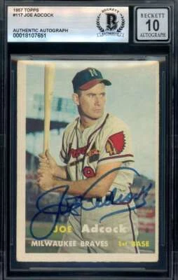 Joe Adcock Gem Mint 10 Beckett BAS Signed 1957 Topps Autograph - Image 1 of 2