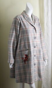 April Cornell Sz XL Art-to-Wear Bird Embroidered Gray Check Plaid Coat Jacket 