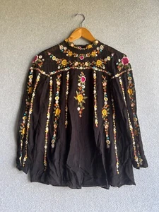 Zara Blouse Womens Small Black Floral Embroidery Boho Peasant Hippie Sheer - Picture 1 of 9