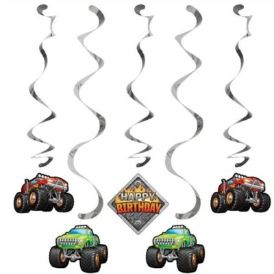 Monster Truck Rally Hanging Dangler 5 Per Pack 3 30" and 2 39" Foil Decorations - Image 1 of 2