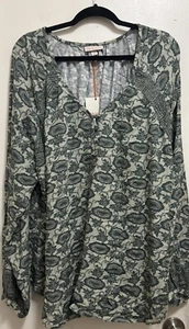 Knox Rose Green Floral Print Button Up V Neck Relaxed Boho Top Blouse Sz XL - Picture 1 of 10