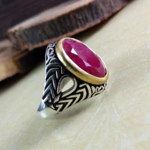 Solid 925 Sterling Silver Natural Pink Ruby Corundum Oval Gemstone Men's Ring - Picture 1 of 12