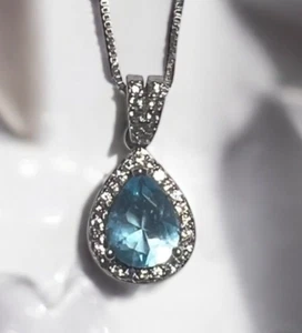 Lab-Created Aquamarine Halo Pear Pendant - Solid Sterling Silver - Picture 1 of 2