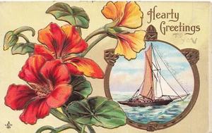 LOVELY VINTAGE GREETINGS POSTCARD FLOWERS AND SHIPS EMBOSSED 1910 071823 S - Picture 1 of 2