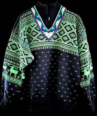 Vintage Obermeyer Sweater Men's Large Grey/Neon Green  Wool Knit 90's Spring Ski - Image 1 of 4