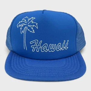 Vintage 1980s Hawaii Palm Tree Blue Mesh Snapback Trucker Hat Cap - Picture 1 of 2