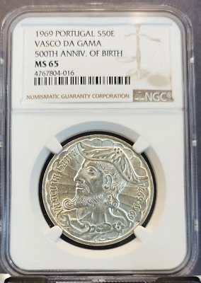 1969 PORTUGAL SILVER 50 ESCUDOS VASCO DA GAMA 500TH ANNIVERSARY NGC MS 65 GEM BU - Image 1 of 3