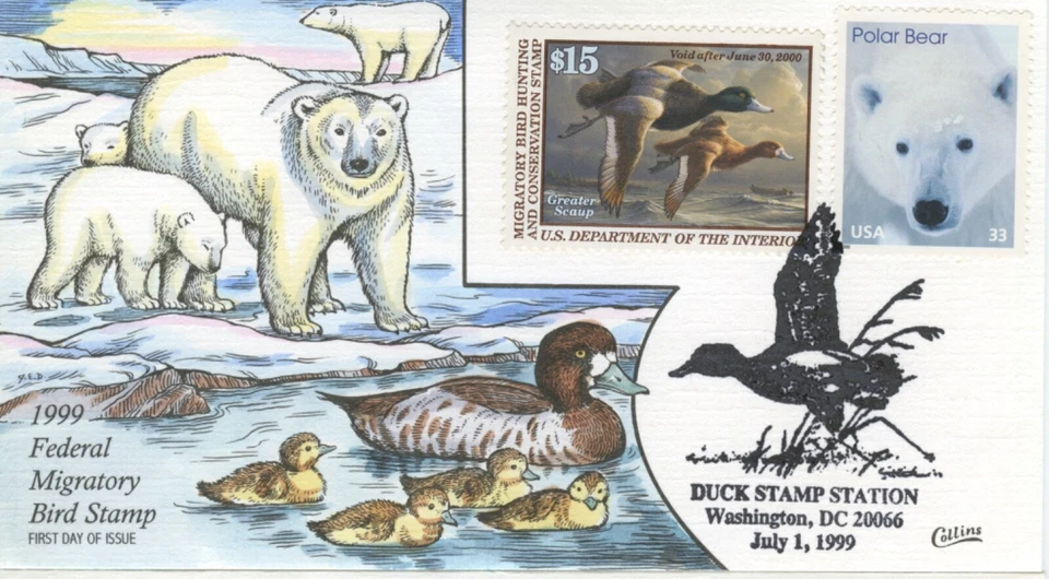 #RW66 1999 - Federal Duck Stamp COLLINS HAND PAINTED FDC single Perfect - Image 1 of 1