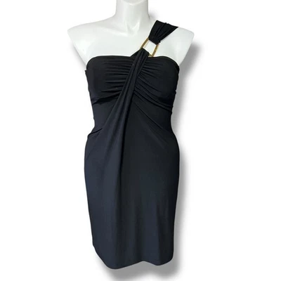 Mini Vestido Vintage Ronni Nicole Para Mujer Un Hombro Negro Dorado Y2K Años 90 Talla 12  Foto 1 de 4