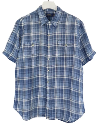 Ralph Lauren Polo Camisa Hombre XL 100% Lino Manga Corta Azul Cuadros Con Fundas - Imagen 1 de 4