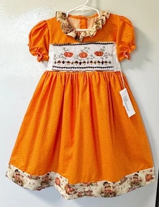 Handmade With Love by Nonna Polka Dot Fall Pumpkins Acorns Smocked Dress 5 - Picture 1 of 3